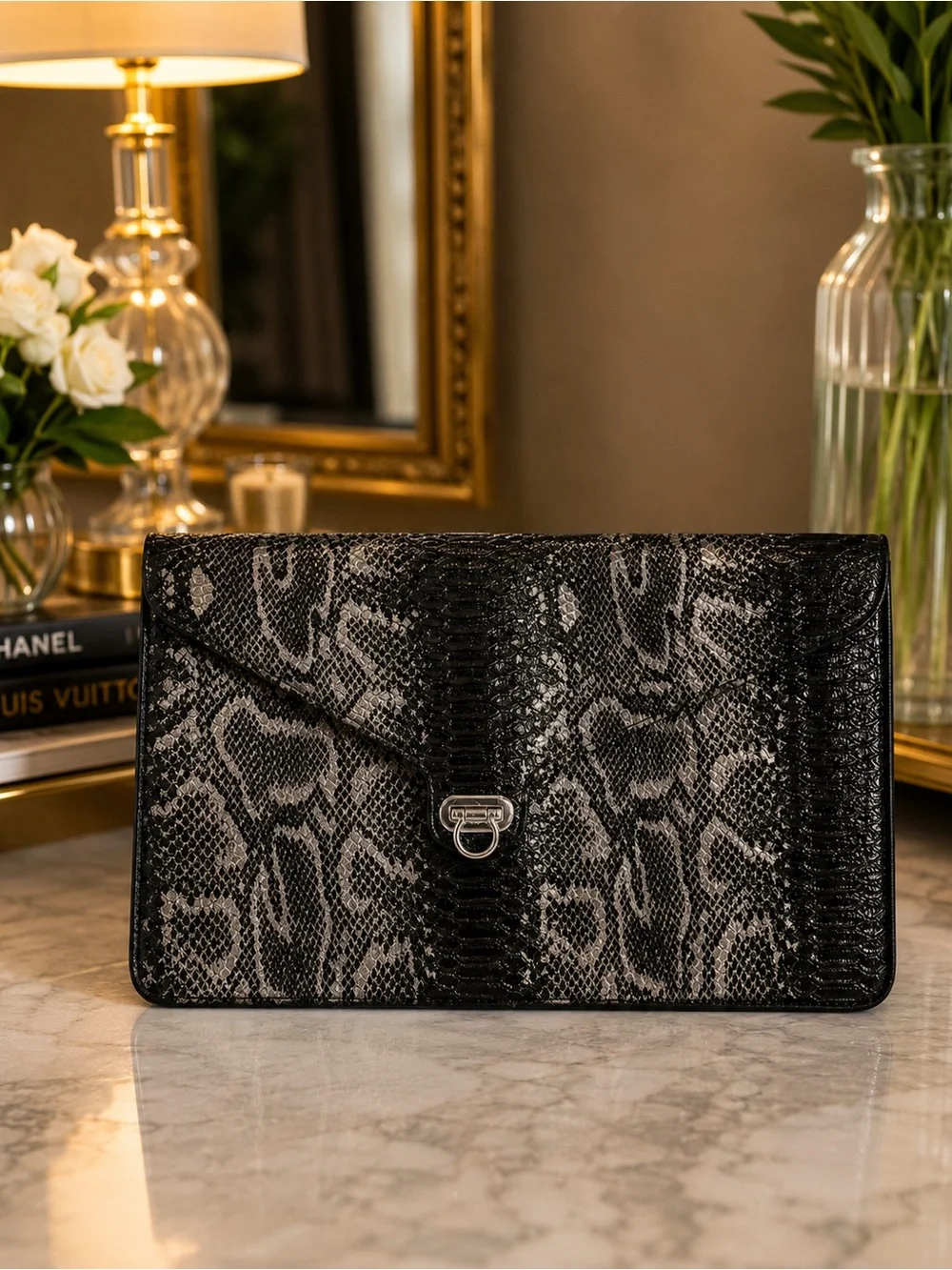Designer-Inspired Black Snake-Embossed Leather Clutch